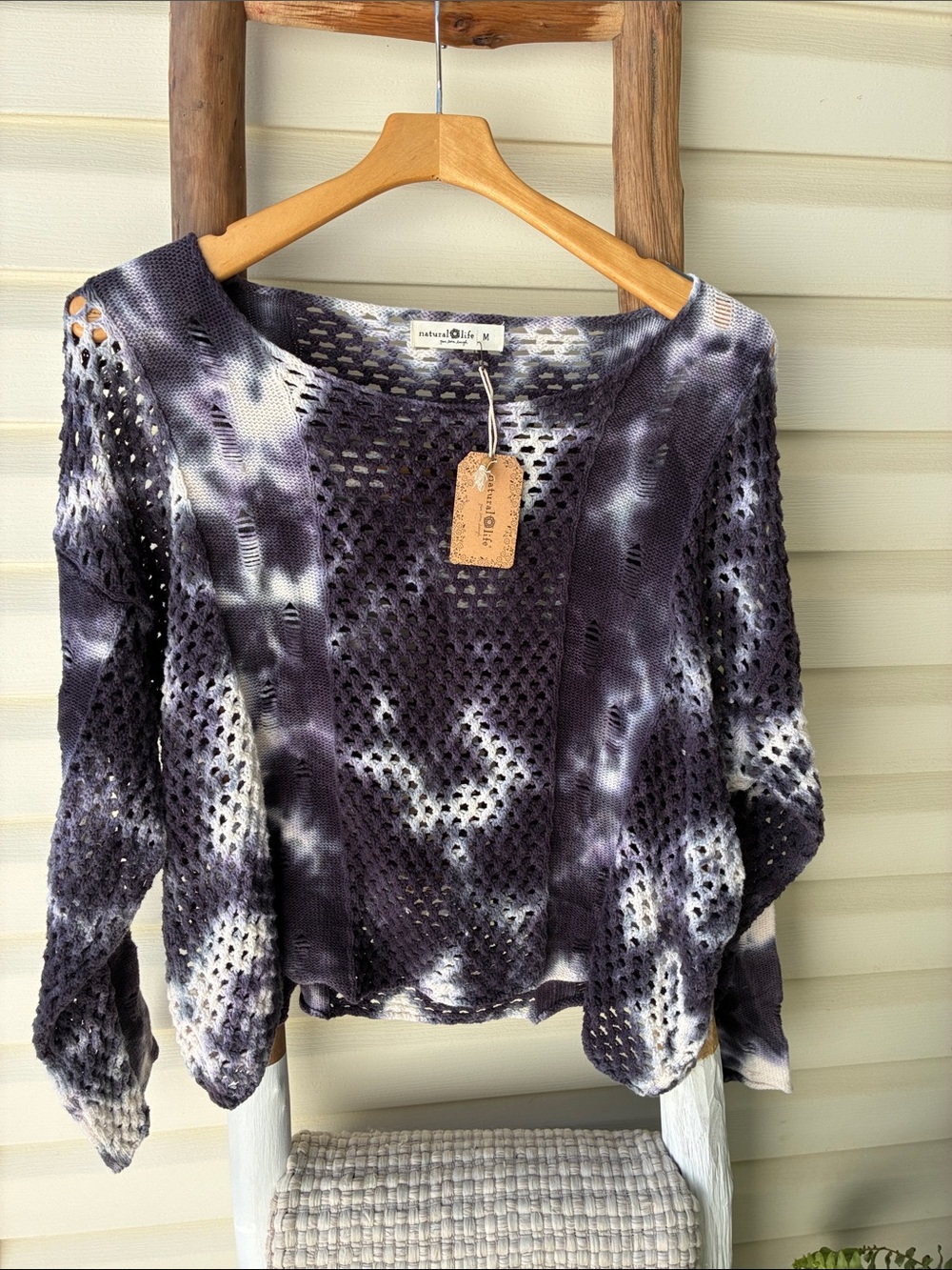NWT Natural Life  Blue and White Tie-Dye Open-Knit Pullover